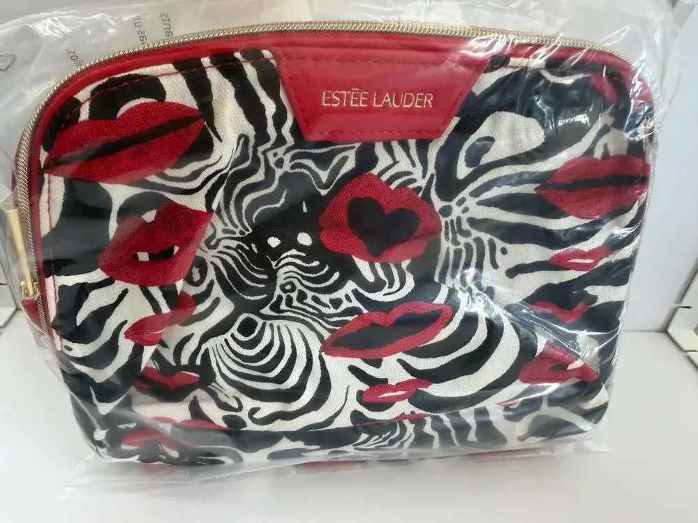 Estée Lauder Zebra Print Cosmetic Bag with Red Lips and Heart Pattern